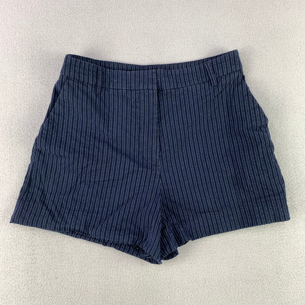 Express Editor Shorts Women 0 Blue Pinstripe Stretch Cotton Blend Flat Front